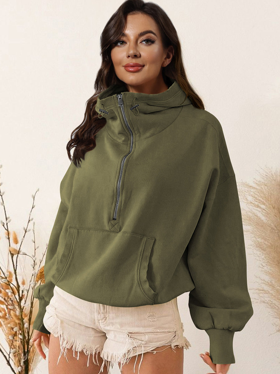 Zip-Up Dropped Shoulder Hoodie Army Green