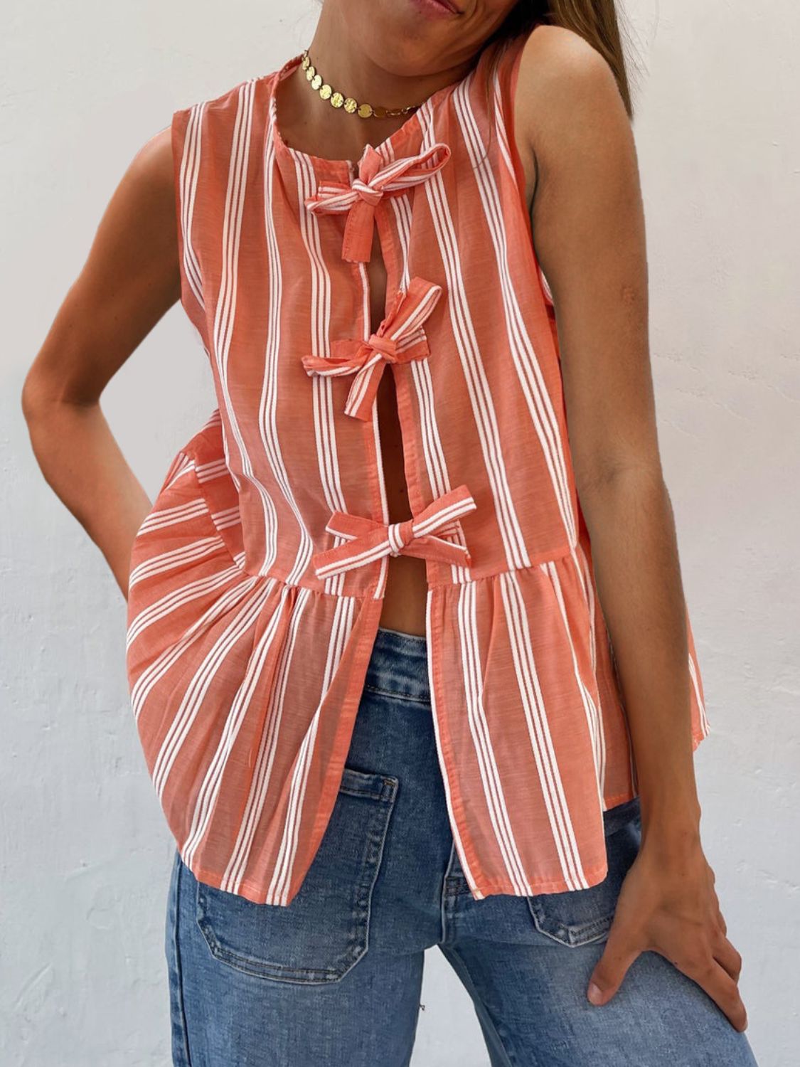 Tied Striped Round Neck Tank Orange