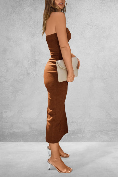 Slit Tube Midi Dress Brown