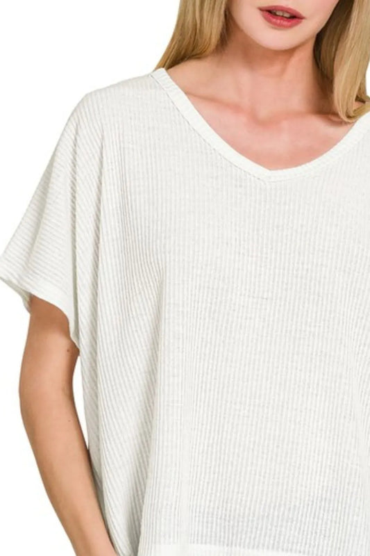 Zenana Ribbed V-Neck Short-Sleeve Knit Top
