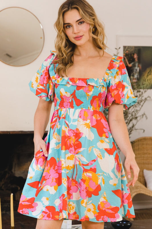 ODDI Printed Smocked Puff Sleeve Mini Dress Aqua Multi