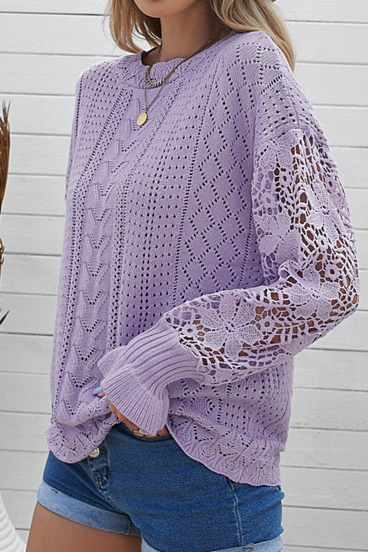 Openwork Round Neck Long Sleeve Sweater Lavender