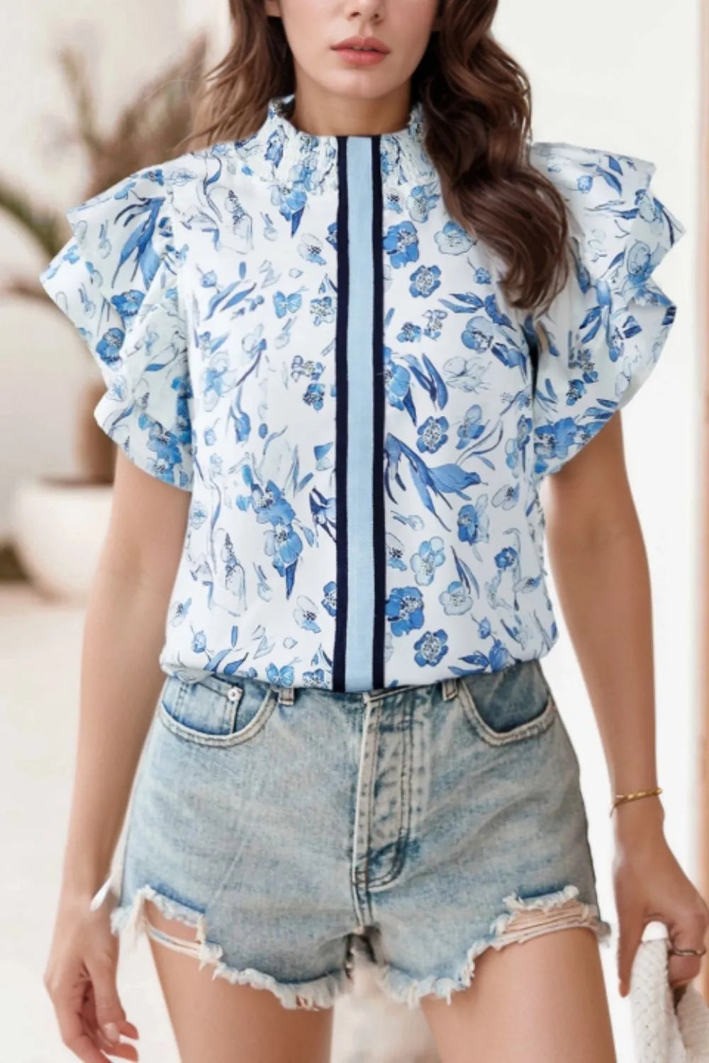 Floral Print Ruffled Short Sleeve Blouse Light Blue