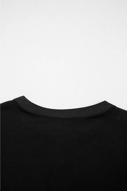 Ribbed Patchwork Puff Sleeve Half Button Placket Slim Fit Top
