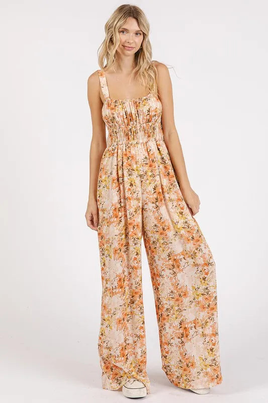 Mittoshop Flower Print Gathered Bust Sleeveless Jumpsuit Ginger