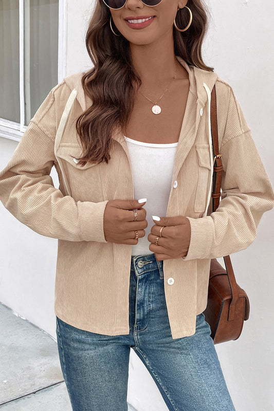 Perfee Ribbed Button Up Drawstring Hooded Jacket Sand