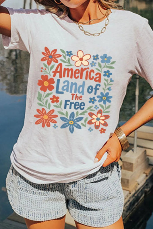 Patriotic Floral America Land of The Free Graphic T-Shirt White