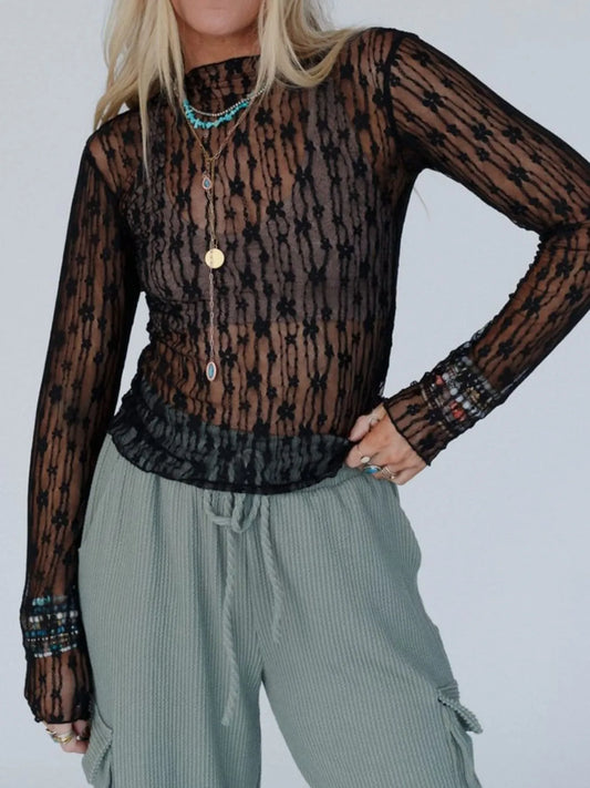 Lace See-Through Long Sleeve Blouse Black