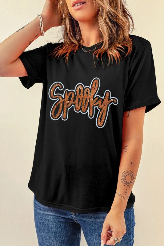 Rhinestone Letter Round Neck Short Sleeve T-Shirt Black