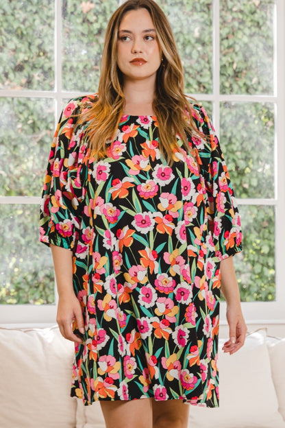 ODDI Full Size Floral Puff Sleeve Mini Dress Black Multi