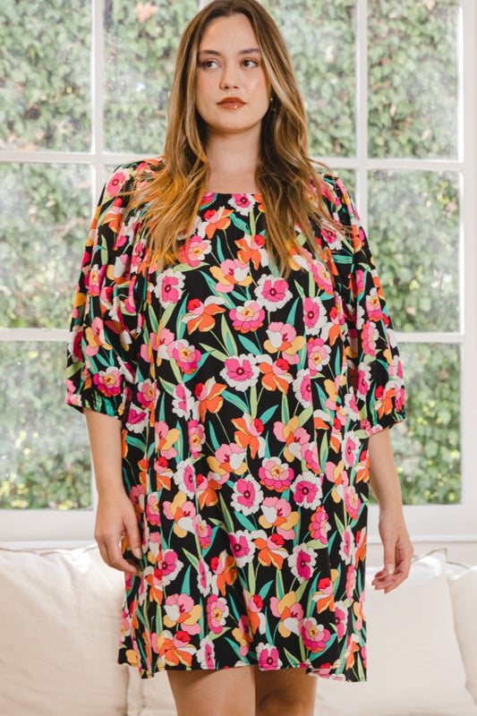 ODDI Full Size Floral Puff Sleeve Mini Dress Black Multi