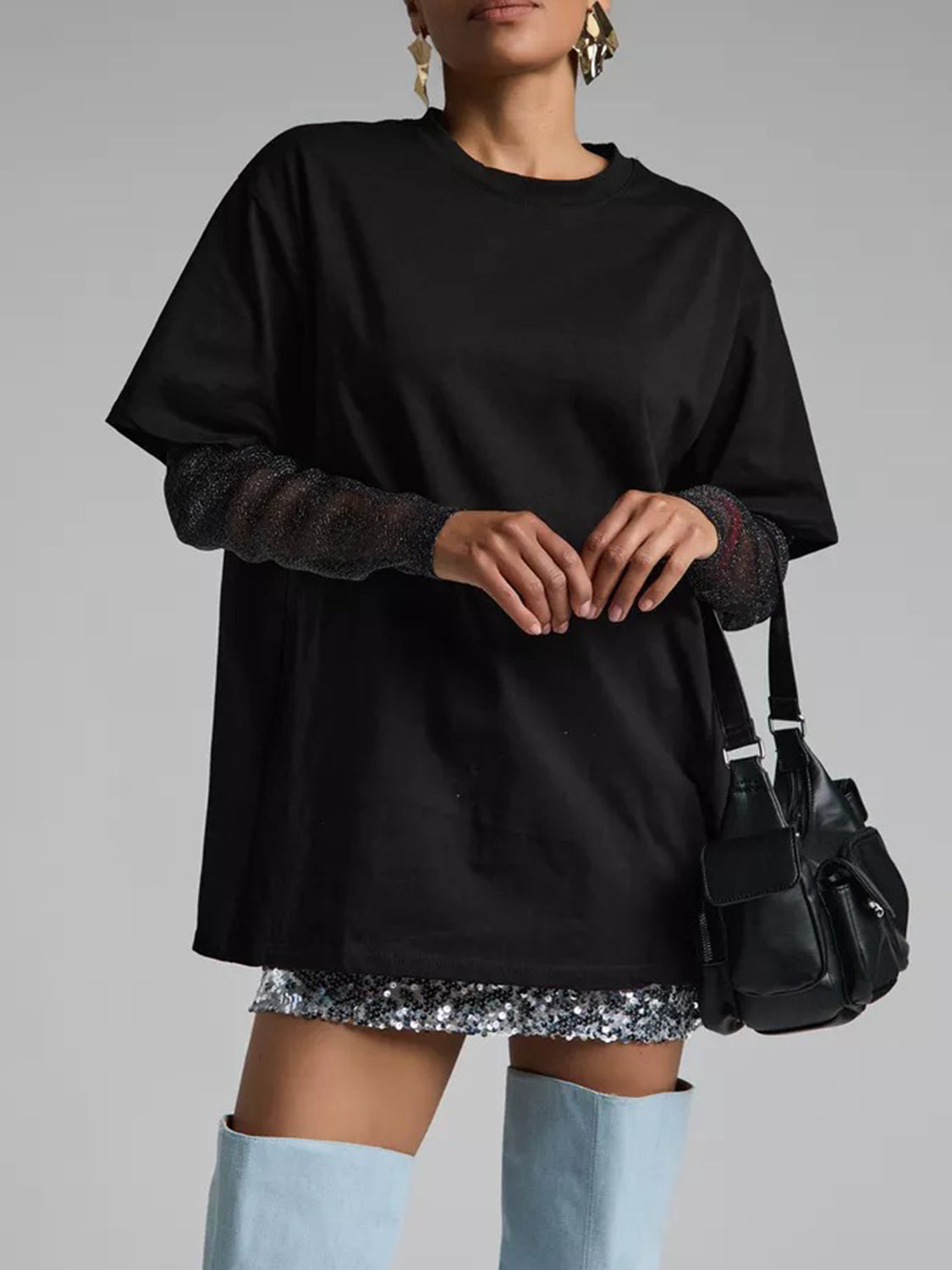 Faux Layered Round Neck Mesh Sleeve Top Black