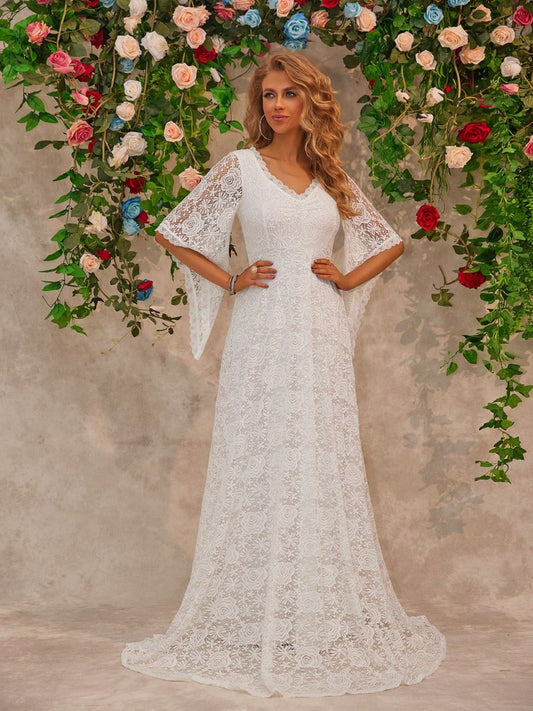 Lace V-Neck Floor length Dress White