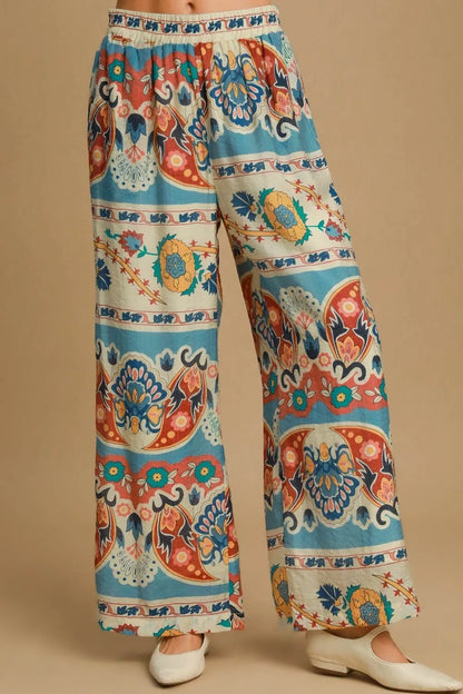 Umgee Full Size Wide Leg Border Print Pants Plus Size BLUE MIX