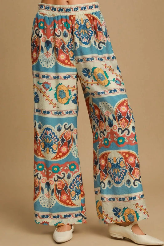Umgee Full Size Wide Leg Border Print Pants Plus Size BLUE MIX