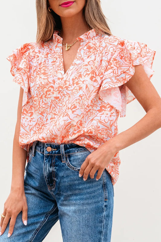Floral Ruffle Sleeve Split Neck Blouse Sherbet