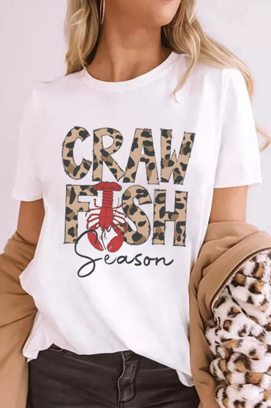 CRAWFISH SEASON Leopard Round Neck Short Sleeve T-Shirt White