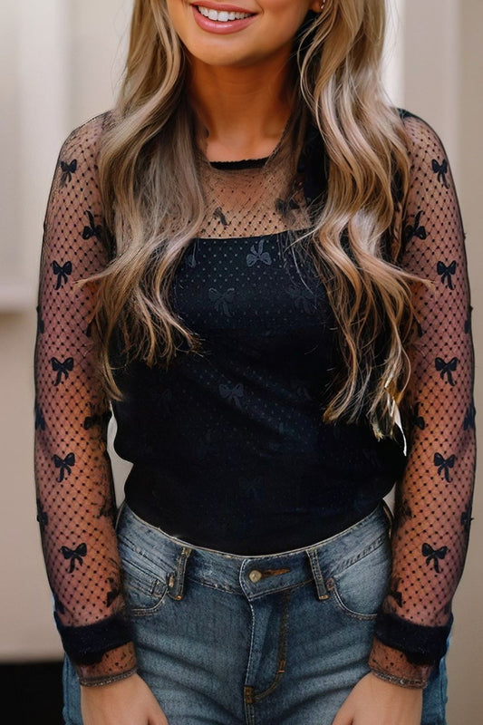 Bow Round Neck Sheer Top Black