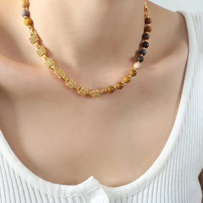 Beaded Titanium Steel Necklace Mustard One Size