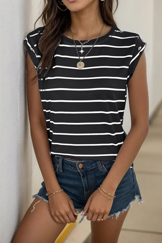 Perfee Decorative Button Round Neck T-Shirt Black White Stripe
