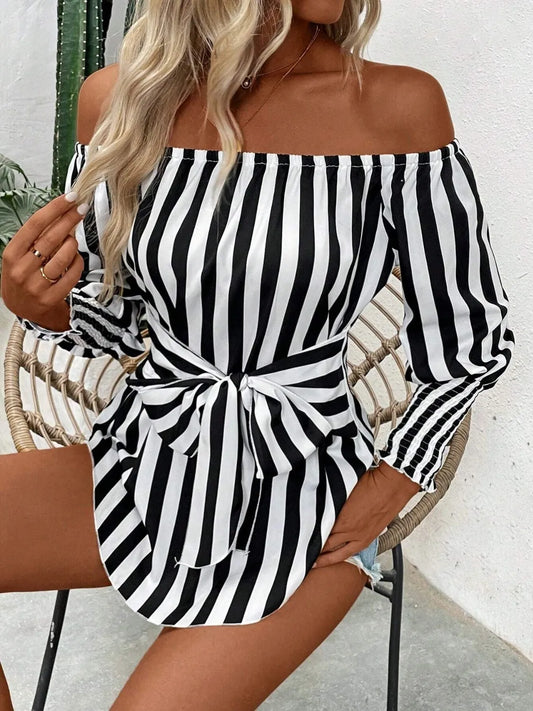 Striped Off-Shoulder Long Sleeve Blouse Stripe