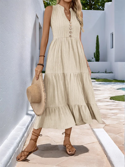 Notched Sleeveless Midi Tiered Dress