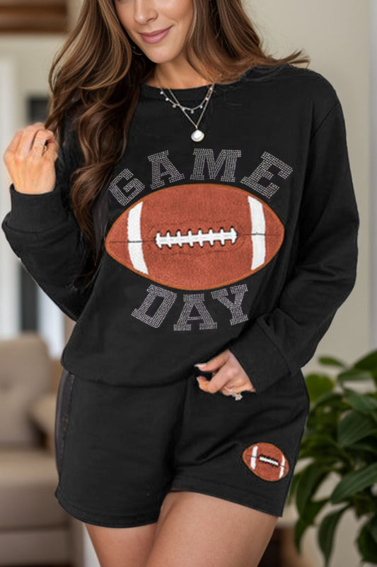 GAME DAY Football Round Neck Long Sleeve Top and Shorts Set Black