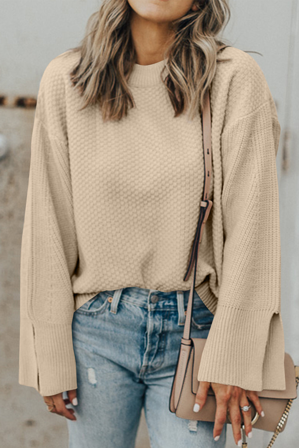 Textured Round Neck Long Sleeve Sweater Beige