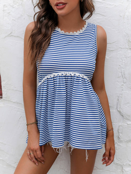 Ivy Lane Striped Lace Trim Round Neck Tank Blue