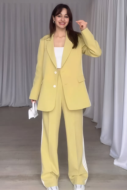 Side Striped Long Sleeve Blazer and Pants Set Pastel Yellow
