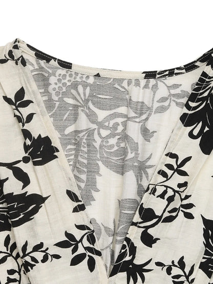 Printed V-Neck Cap Sleeve Dress