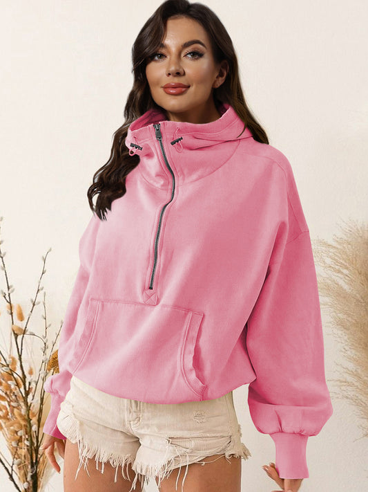 Zip-Up Dropped Shoulder Hoodie Pink