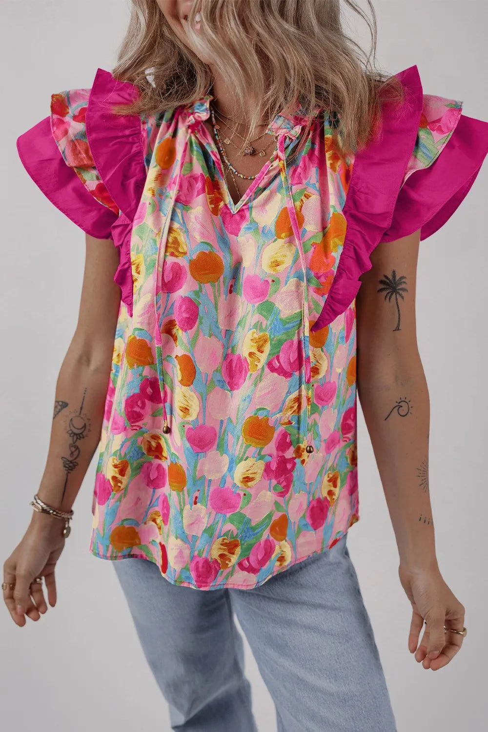 Floral Ruffle Layered Sleeve Blouse