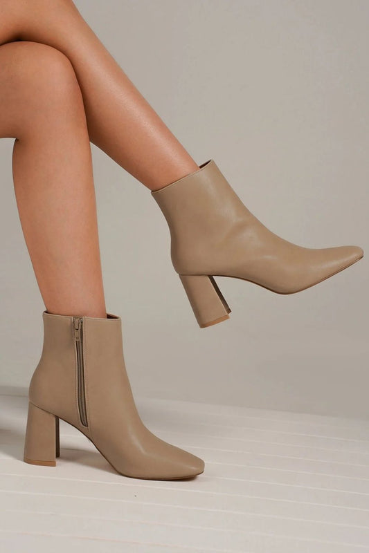 Beast Fashion PU Leather Block Heel Boots with Side Zippers Nude