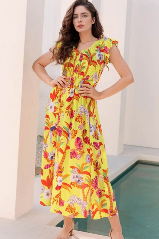 Cheetah Plant Print Shirred Button V Neck Maxi Dress Yellow