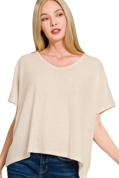 Zenana Ribbed V-Neck Short-Sleeve Knit Top SAND BEIGE