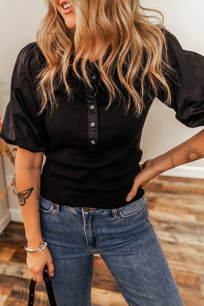 Ribbed Patchwork Puff Sleeve Half Button Placket Slim Fit Top Black