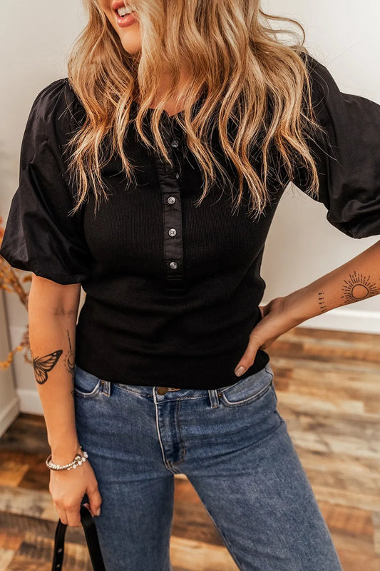 Ribbed Patchwork Puff Sleeve Half Button Placket Slim Fit Top Black