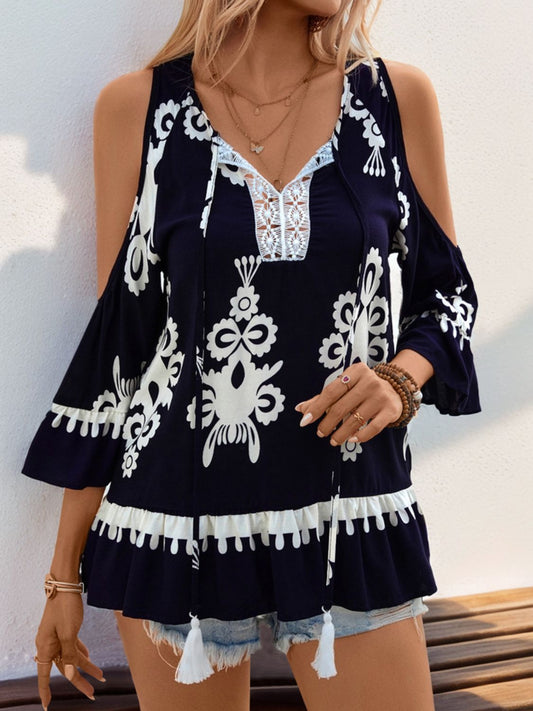 Perfee Tassel Printed Tie Neck Cold Shoulder Blouse Black
