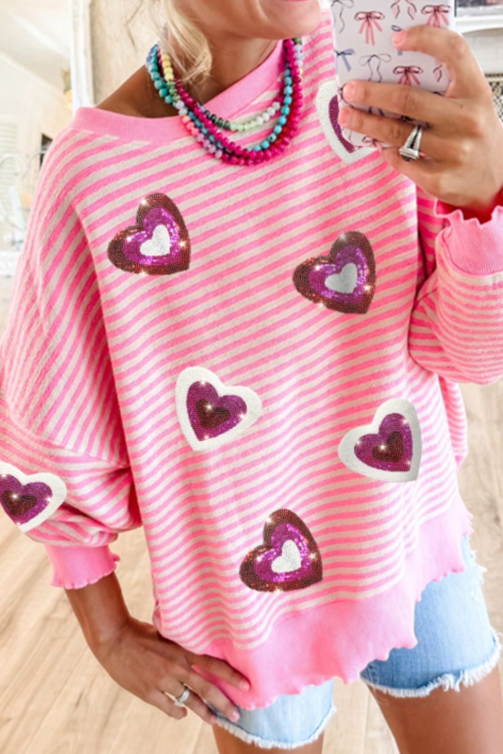 Valentine’s Day Sequin Heart Striped Round Neck Long Sleeve Sweatshirt Pink