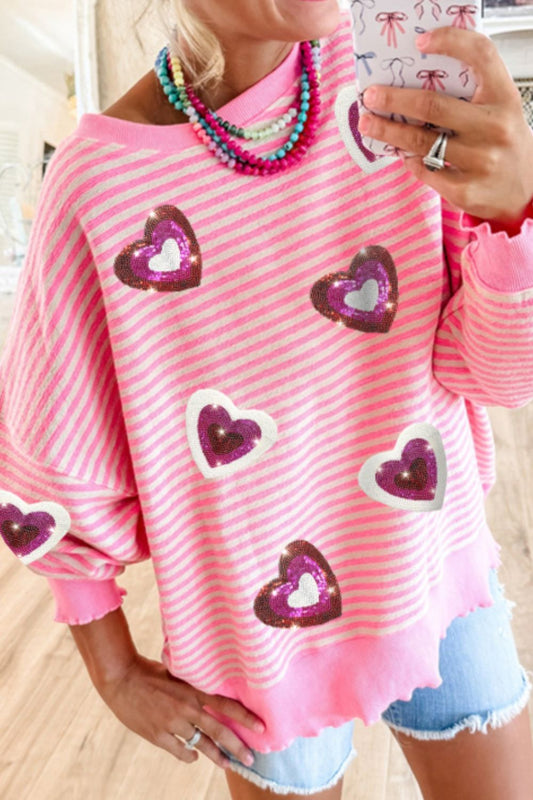 Valentine’s Day Sequin Heart Striped Round Neck Long Sleeve Sweatshirt Pink