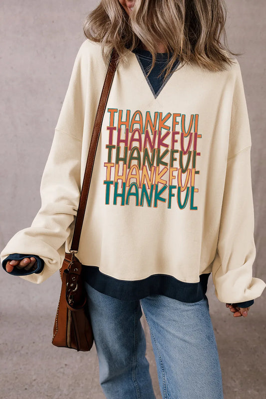 THANKFUL Round Neck Long Sleeve Sweatshirt Ivory