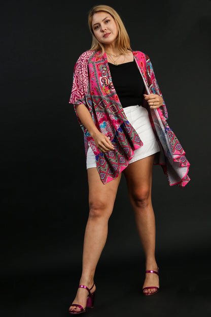 Umgee Full Size Mixed Print Ruffle Hem Open Front Cover Up Plus Size