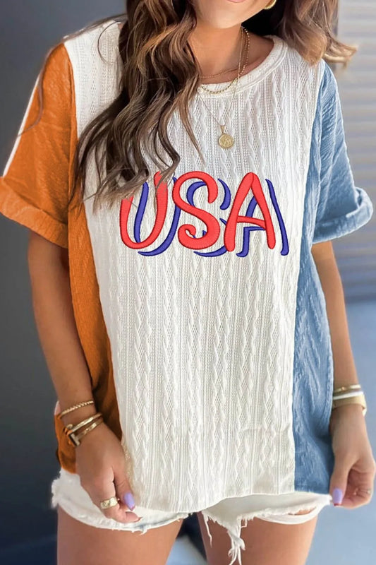 USA Embroidered Cable Textured Knit Cuffed Sleeve Color Block Tee White