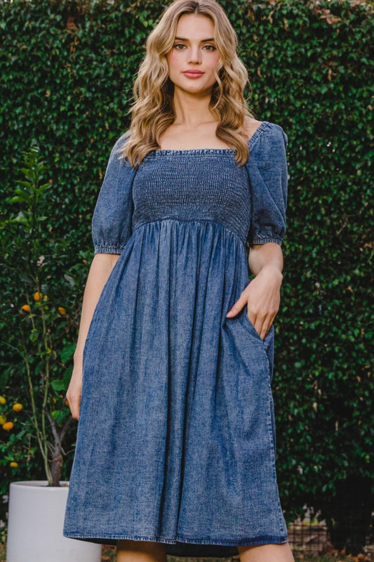 ODDI Full Size Washed Smocked Puff Sleeve Dress Washed Denim