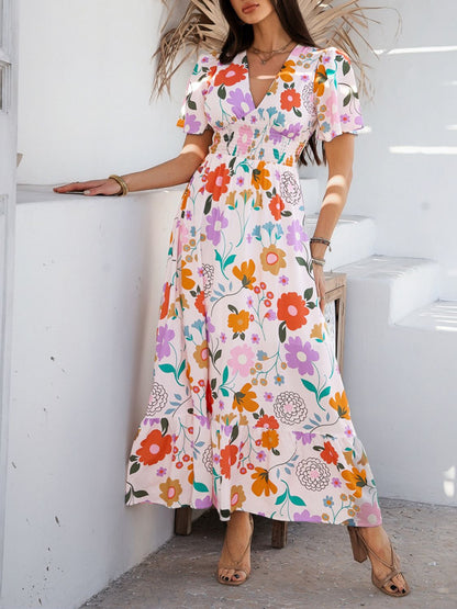 Devine Smocked Printed V-Neck Short Sleeve Maxi Dress Blush Pink