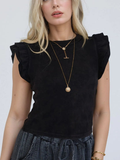 Ruffled Crew Neck Slim Fit Top Black