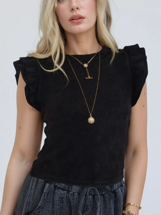 Ruffled Crew Neck Slim Fit Top Black