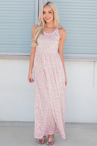 Leopard Round Neck Sleeveless Maxi Dress Blush Pink