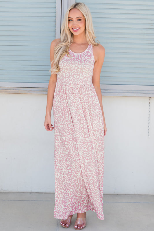 Leopard Round Neck Sleeveless Maxi Dress Blush Pink